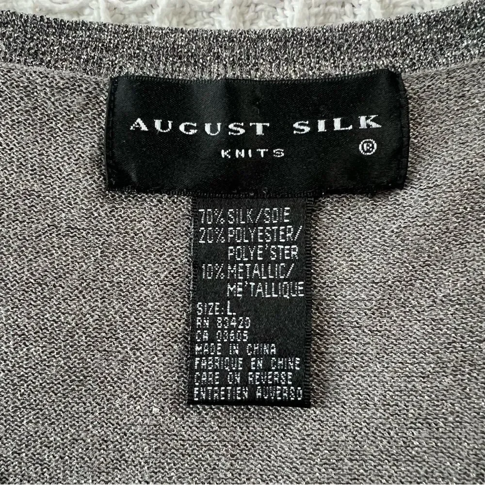 August Silk Shimmering Metallic Silver Knit Cardigan & Turtleneck Twinset SZ L - Picture 12 of 15